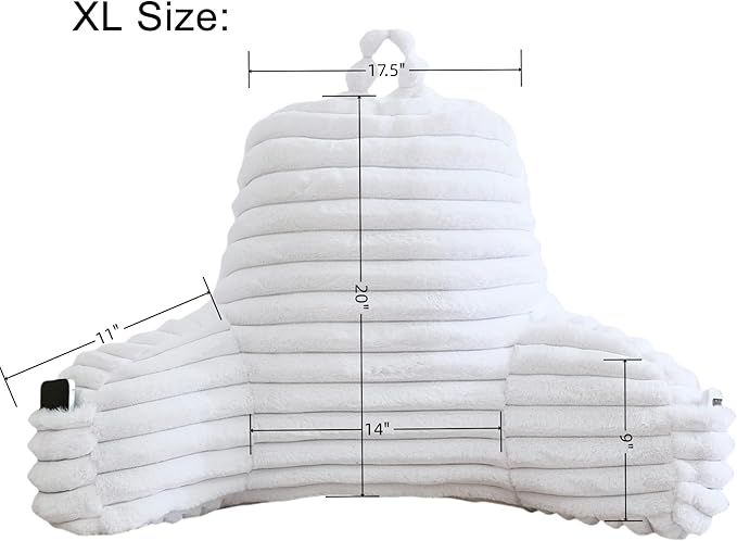 WERDIM Reading Pillow for Sitting in Bed, Faux Fur Back Pillow for Rest, Bed Chair Pillow with Arms and Pockets(XLarge, White)