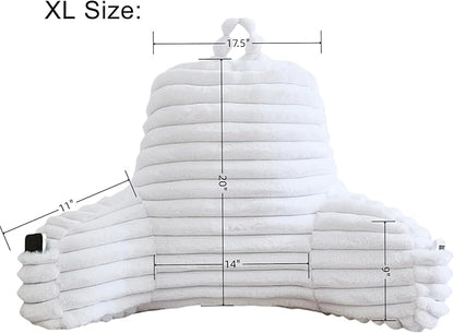 WERDIM Reading Pillow for Sitting in Bed, Faux Fur Back Pillow for Rest, Bed Chair Pillow with Arms and Pockets(XLarge, White)