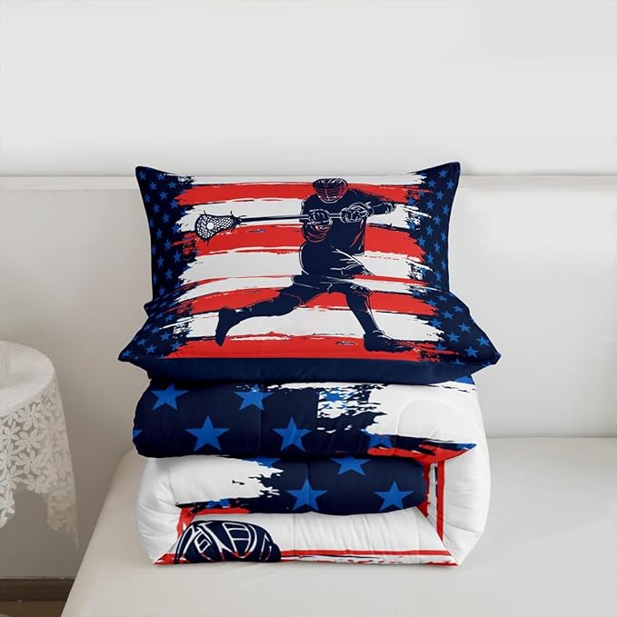 Feelyou Lacrosse Comforter Set King Size Boys Gilrs American Flag Sports Bedding Set for Kids Adults Soft Lacrosse Player Games Comforter Navy Blue Duvet Set Room Decor Quilt Boys