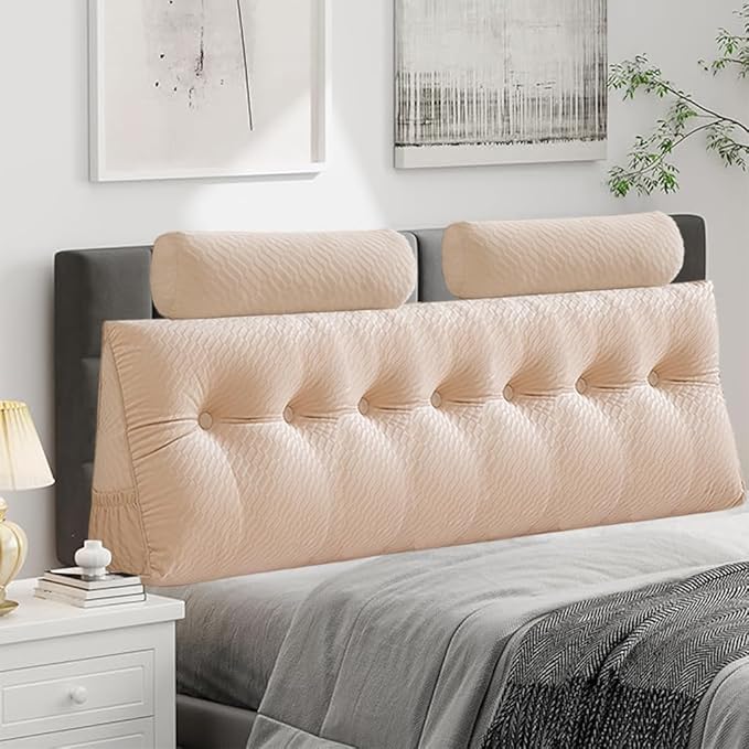 Velvet Triangular Headboard Wedge Pillow With Roll Pillow,Removable Cover Headboard Pillow Daybed Bunk Bed,Backrest Positioning Support Pillow Resting Reading Relaxing (Beige, King(76 * 20 * 8in))