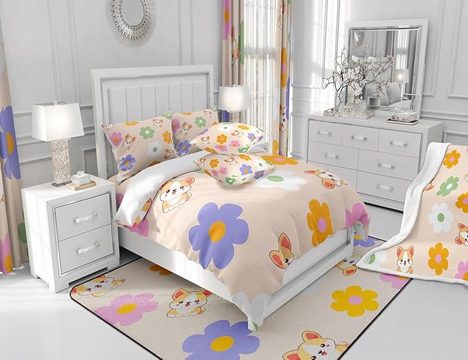 Colorful Daisy Comforter Set Full Size 3 Pcs Cute Dog Corgi Cartoon Pet Animal Bedding Set for Kids Boys Girls Teens Watercolor Hippie Flowers Rustic Style Microfiber Duvet Set with 2 Pillowcases
