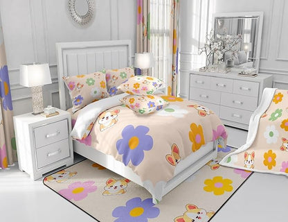 Colorful Daisy Comforter Set Full Size 3 Pcs Cute Dog Corgi Cartoon Pet Animal Bedding Set for Kids Boys Girls Teens Watercolor Hippie Flowers Rustic Style Microfiber Duvet Set with 2 Pillowcases