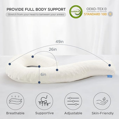 Body Pillow for Adults - Soft Long Bed Pillows Insert for Sleeping - Shredded Memory Foam and Removable Washable Cover - Swan Shaped Pregnancy Side Sleeper Pillow 49 Inch (Beige)