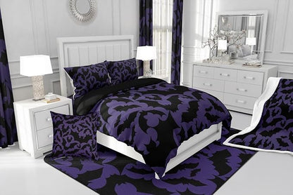 Halloween Themed Duvet Cover Set King Size,Black Bats Animal Print Comforter Cover with 2 Pillowcases,Dark Purple Color Modern Bedding Set for Adult Young Bedroom Xmas Gift (Not Comforter)