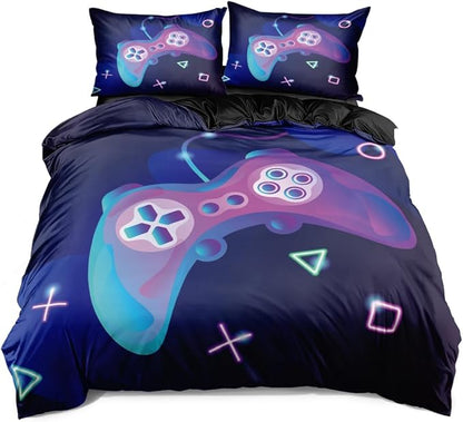 Full Size Gaming Bedding Collection - Duvet Cover Set & Pillowcases with Adorable Controller Pattern on Black, Ideal for Teen Gamers' Room Makeover (Modern Gaming Vibe)