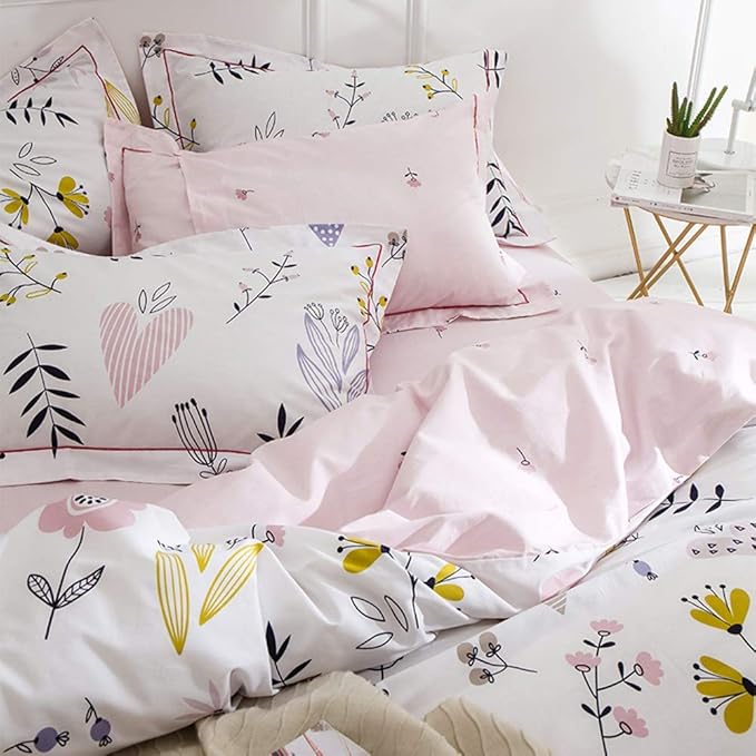 BuLuTu Floral Love Print Girls Duvet Cover Twin White/Pink Cotton Premium Blossom Kawaii Reversible Kids Bedroom Comforter Cover Bedding Sets for Toddler,Teen,Breathable,Lightweight,Zipper Closure