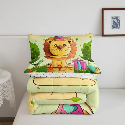 Cartoon Lion Bedding Set Full Size Happy Birthday Theme Comforter for Child Teens Cute Birds Animal Down Comforter Funny Fairy Tale Duvet Insert with 2 Pillowcases