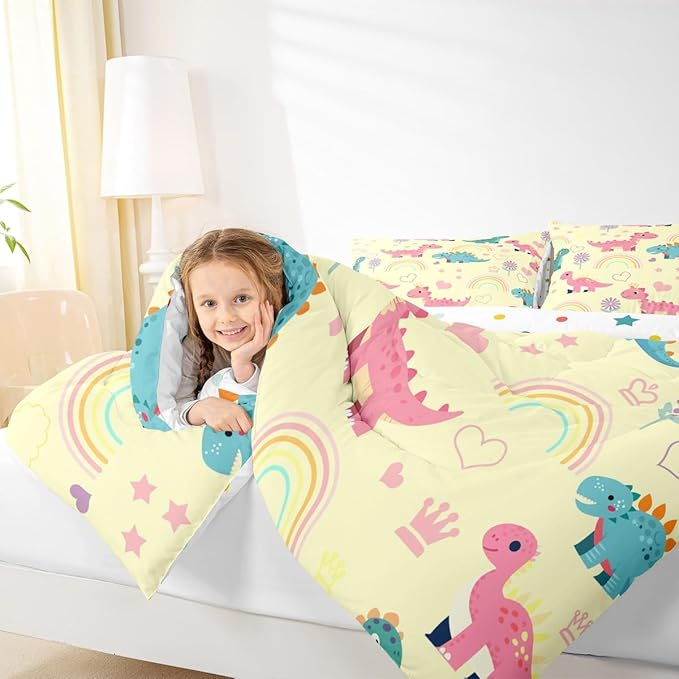 Castle Fairy Kawaii Dino Kids Comforter Set King Size,Cute Rainbow Floral Love Heart Reversible Bedding Set All Season Quilt,Pink Yellow Dinosaur Lovely Animal Microfiber Polyester Down Comforter