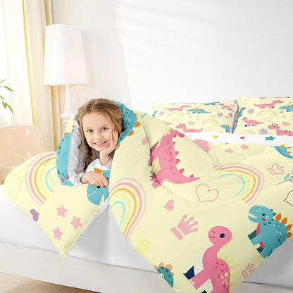 Castle Fairy Kawaii Dino Kids Comforter Set Toddler Size,Cute Rainbow Floral Love Heart Reversible Quilt Set for Boys Bedroom Decor,Pink Yellow Dinosaur Lovely Animal Duvet Insert,1 Pillowcase