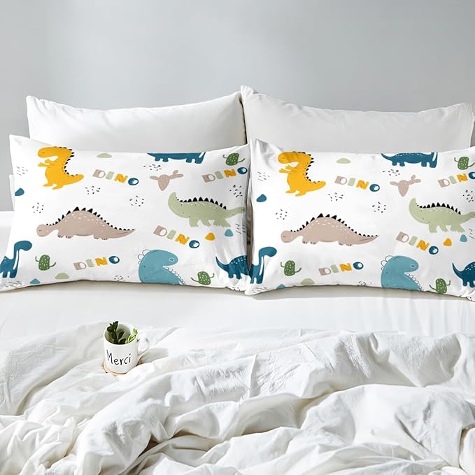 Feelyou Cute Dinosaur Comforter Set Cartoon Cactus Bedding Set Decor Jungle Dino Boho Succulent Comforter Wild Animal Pattern Yellow Grey Duvet Set Bedroom Quilt Set 3Pcs Queen