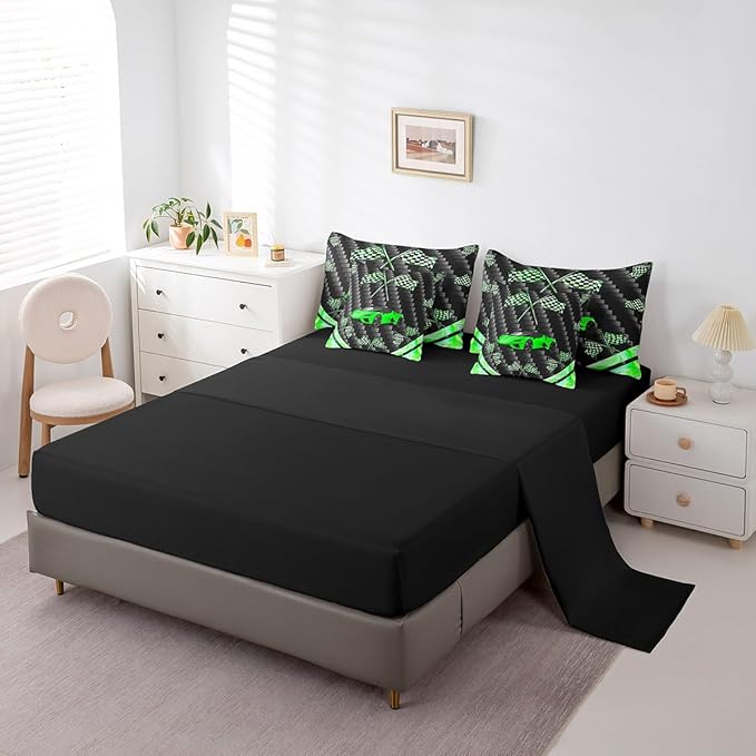 Feelyou Green Race Car 7 Piece Bedding Set Full Size Extreme Sports Comforter Set with Sheets for Kids Teens Adult Fast and Furious Bed in a Bag Dazzling Flag Bed Set