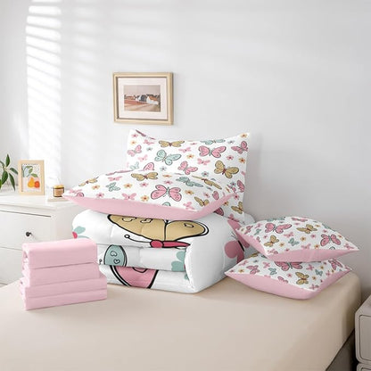 Feelyou Cute Butterfly 7 Piece Bedding Set Kawaii Flower Comforter Set with Sheets for Kids Boys Girls Pink Blue Yellow Bed in a Bag Nutrue Theme Bed Set Soft Lightweight