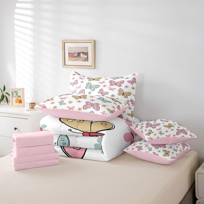 Feelyou Cute Butterfly 7 Piece Bedding Set Kawaii Flower Comforter Set with Sheets for Kids Boys Girls Pink Blue Yellow Bed in a Bag Nutrue Theme Bed Set Soft Lightweight