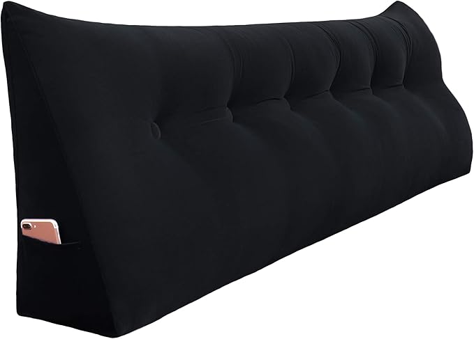WOWMAX Triangular Headboard Pillow Bed Wedge Pillow for Headboard Large Bolster Pillow for Bed Wedge Pillow Headboard Daybed Pillows with Removable Cover, Velvet(100% Cotton), Black, California King