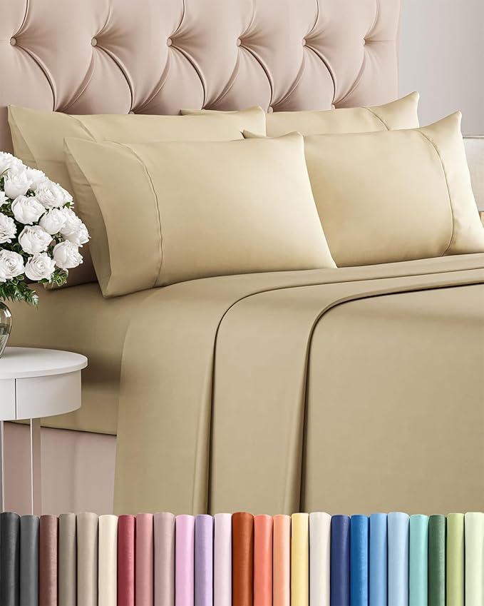 Queen 6 Piece Sheet Set - Comfy Breathable & Cooling - Ultra Soft Hotel Luxury Bedding Set w/ 8-16 Inch Deep Pockets - 1 Flat & 1 Fitted Sheet & 4 Pillowcases - Cozy, Wrinkle Free & Easy Care - Beige