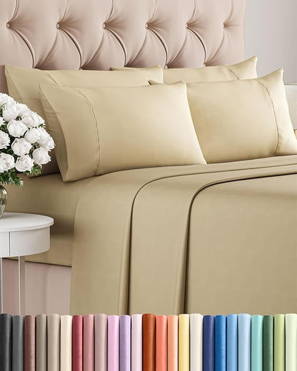 Cal King 6 Piece Sheet Set - Comfy Breathable & Cooling - Ultra-Soft Hotel Luxury Bedding Set with 8-16 Inch Deep Pockets - 1 Flat & 1 Fitted Sheet & 4 Pillowcases - Wrinkle Free & Easy Care - Beige