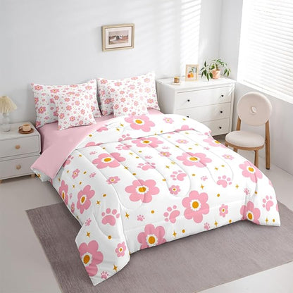Feelyou Pink Flower 7 Piece Bedding Set Cute Dog Paw Print Comforter Set with Sheets for Kids Boys Girls Star Print Bed in a Bag Kawaii Bed Set Soft Lightweight