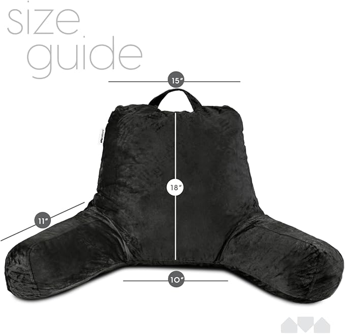 Milliard Reading Pillow with Arms, Black, Cozy Shredded Memory Foam Back Pillow for Bed Sitting Up - Sit Up Backrest Support for Reading & Rest Bed - Washable Cover, Adjustable Comfort, CertiPUR