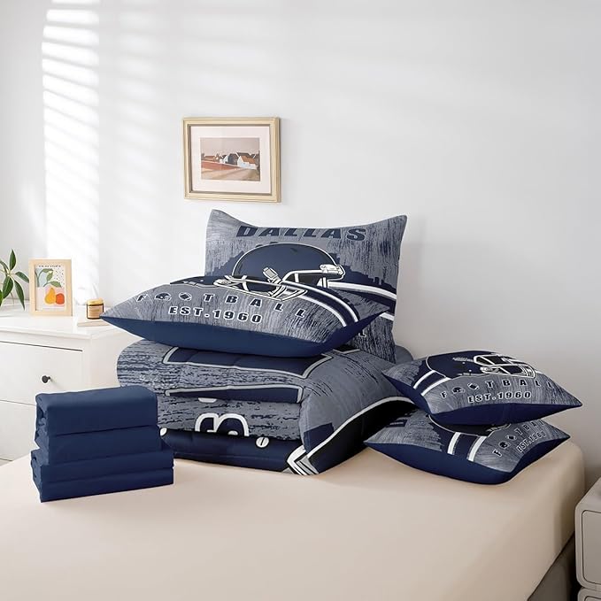 Erosebridal Cowboys Football Bed in A Bag Boys Girls Bedding Set Gridiron Gifts for City Fans Women Men Comforter Sets with Sheets Rugby Sports 7 Pieces Bed Set Full