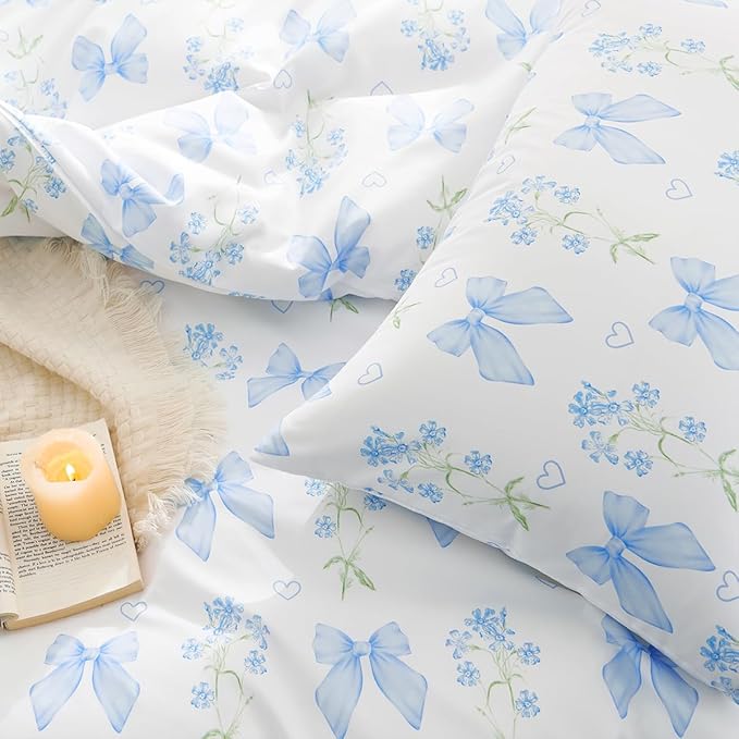 Blue Bow Duvet Cover Queen 3Pcs Girls Floral Duvet Cover Set, Cute Romantic Princess Style Bowknot Bedding Set Soft Microfiber Garden Flower Bedding with 2 Pillowcases(No Comforter)