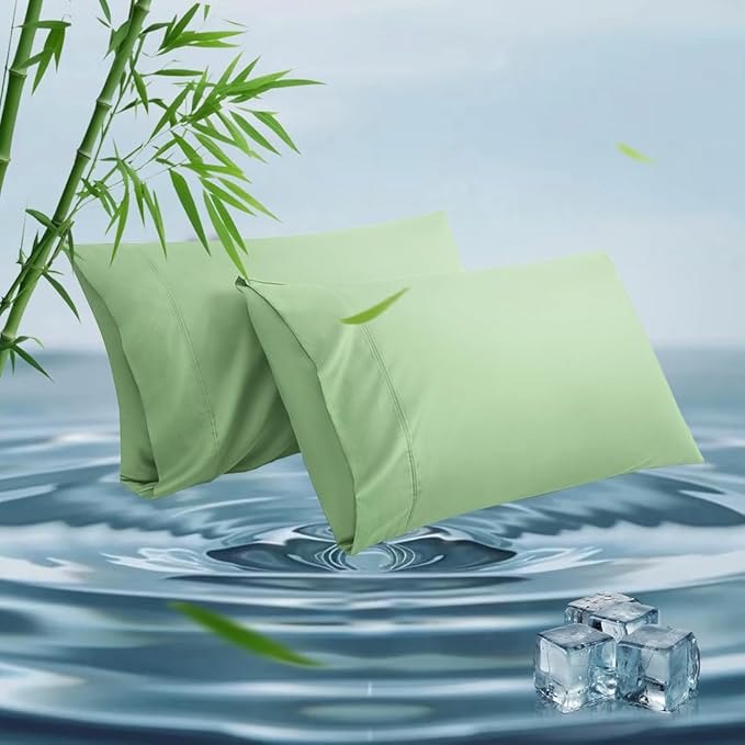 Standard Pillowcases, Cooling Viscose from Bamboo Pillow Covers with Envelope Closure, Soft Moisture-Wicking for Hot Sleepers, Hair and Skin-Friendly, Green, 2 Pack