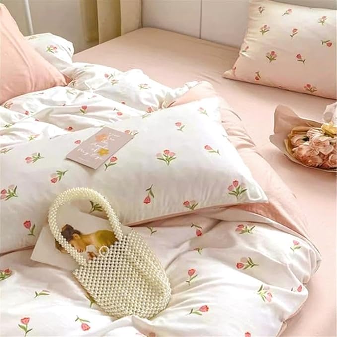 Floral Duvet Cover King Size Pink White Botanical Floral Bedding Set 3 Pieces Soft Breathable Garden Aesthetic Flower Comforter Cover with 2 Pillow Cases
