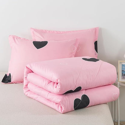 Caressma Blush Pink Love Comforter Set Queen Size, Cute Heart Pattern Bedding Comforter for Girls Women, 3 Pieces Soft Microfiber Fluffy Lovely Comforter Set for All Seasons Room Decor