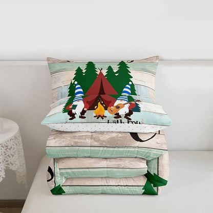Feelyou Camper Bedding Set Queen Kids Cute Gnome Happy Camping Comforter Set for Girls Boys Cartoon Gnomies Farmhouse Comforter Soft and Cozy Quilted Set Rustic Room Decor Comforter Inner Fill