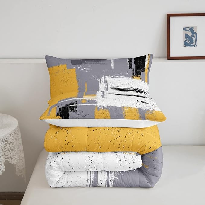Feelyou Abstract Bedding Set Comforter Set for Kids Boys Children Modern Abstract Art Comforter Ultra Soft Decor Yellow Grey White Duvet Set Full Size