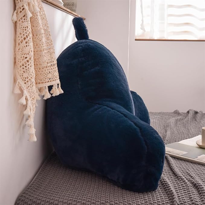 Holawakaka Medium Faux Fur Bed Rest Pillow with Arms,Rabbit Fur Reading Pillows Perfect for Teens Kids Petites, Arm, Back, Pregnancy Lumbar & Head Neck Coccyx Lower Back Support Cushion (Blue)