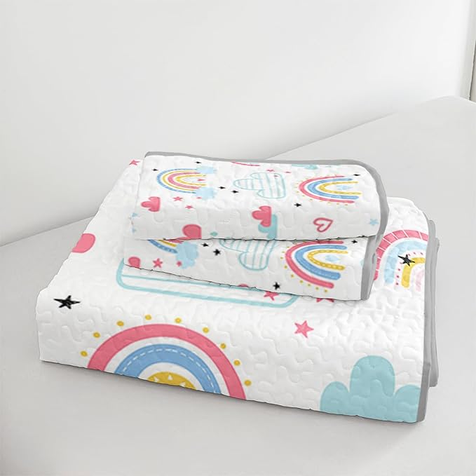 QOOMO Rainbow Quilt Set Twin Size,Clouds Bedspread Coverlet Set,Colorful Rainbow 3Pcs Bedding Set Printed Quilt with 2 Pillowcases,Soft and Lightweight,for All Seasons