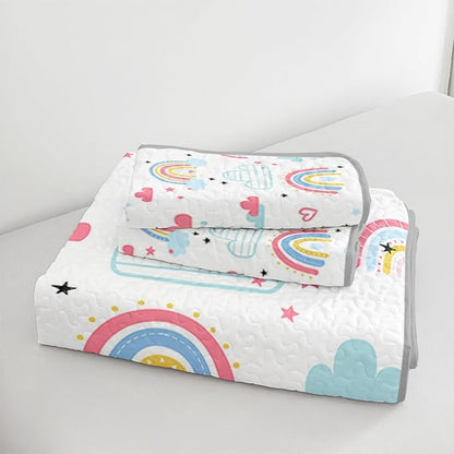 QOOMO Rainbow Quilt Set Twin Size,Clouds Bedspread Coverlet Set,Colorful Rainbow 3Pcs Bedding Set Printed Quilt with 2 Pillowcases,Soft and Lightweight,for All Seasons