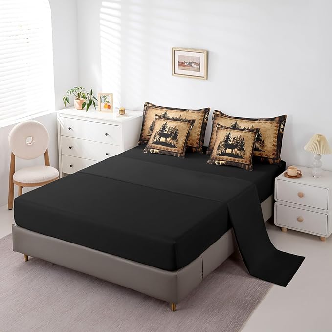 Feelyou Cute Deer Comforter Set with Sheets 7 Piece Queen Size for Girls Boys Kids Deer Hunting Bed in a Bag Room Decorative Bear Paw Print Tree Pattern Bedding Set Exotic Style Brown Bed Set