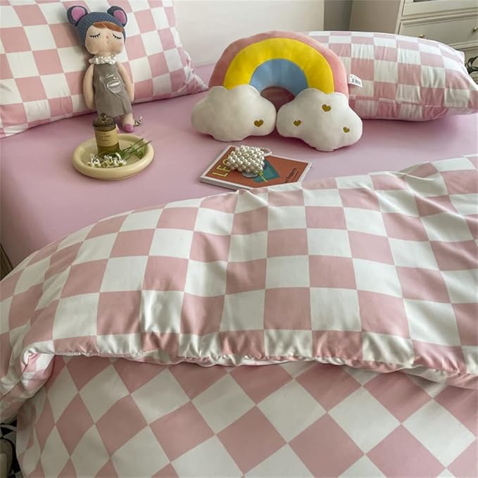 Wellboo Pink White Plaid Comforter Sets King Women Men Bean Pink and White Checkerboard Grid Bedding Comforters Cotton Boys Girls Modern Dusty Pink Checkered Geometric Quilts Luxury Abstract Bed
