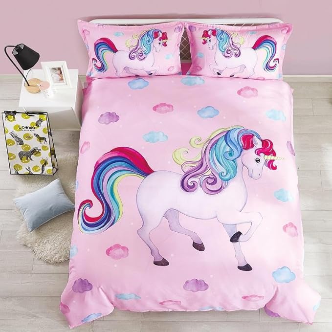 Wowelife Unicorn Full Size Bedding Set 5 Pieces Pink 3D Kids Comforter Sets Breathable with Comforter, Flat Sheet, Fitted Sheet and 2 Pillowcases