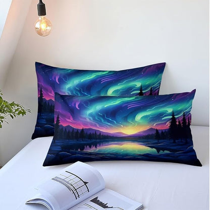 Aurora Duvet Cover Set Twin Colorful Aurora Printed Astronomical Nature Landscape Soft Bedding Comforter Cover and 2 Pillow Shams for Boys Girls Kids Teens