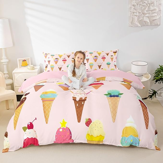 Castle Fairy Ice Cream Comforter Cover Twin Pink Cool Bedding Set Children Favorite Duvet Cover for Boys Girls Bedspread Cover 2pcs (1 Duvet Cover +1 Pillowcases),Multi 7