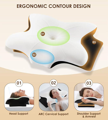 Cervical Neck Pillow for Pain Relief, Ergonomic Memory Foam Pillows for Sleeping with Washable Pillowcase & 2 Height Options, Cooling Contour Neck Support Pillow for Back Stomach Side Sleepers