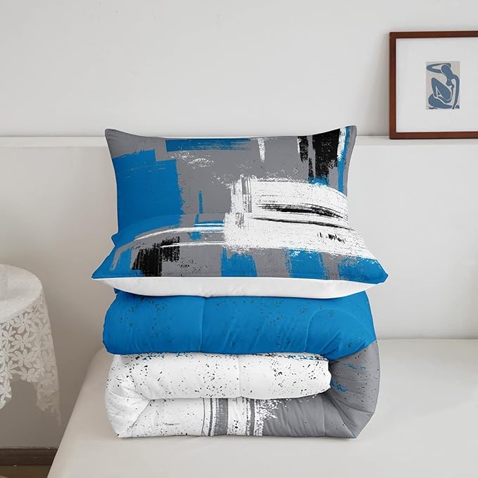 Feelyou Abstract Bedding Set Comforter Set for Kids Boys Children Modern Abstract Art Comforter Ultra Soft Decor Blue Grey White Duvet Set Full Size
