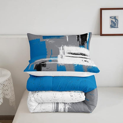Feelyou Abstract Bedding Set Comforter Set for Kids Boys Children Modern Abstract Art Comforter Ultra Soft Decor Blue Grey White Duvet Set Twin Size