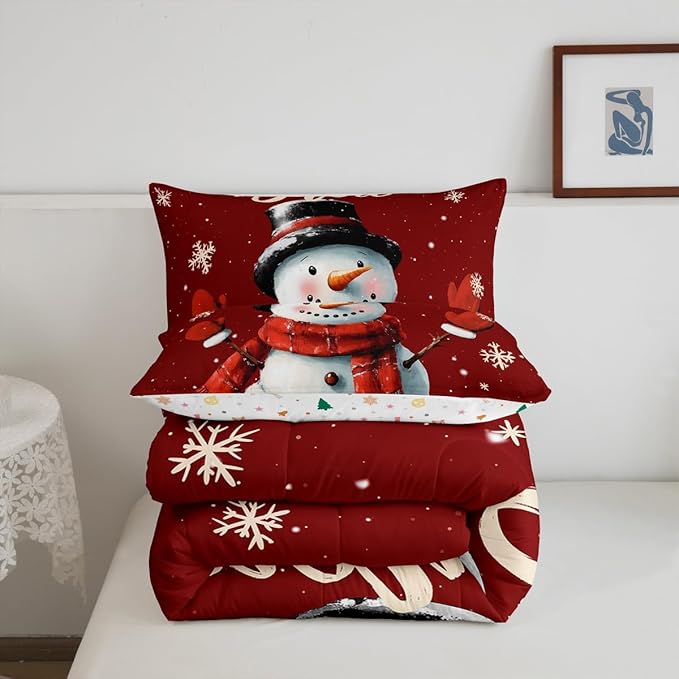 Erosebridal Snowman Comforter Set for Kids Boys Girls,Vintage Burgundy Christmas Bedding Set Full,Xmas Snowflake Duvet Insert,Merry Christmas Down Comforter with 2 Pillowcases Lightweight Warm