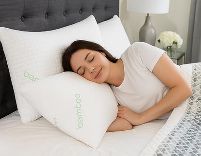 Queen Size Rayon Derived from Bamboo Pillows, Cooling Shredded Memory Foam Pillow Sets for Sleeping for Back, Stomach, Side Sleepers, Adjustable, Washable Cover, Queen (Pack of 1)