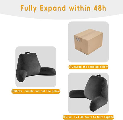 Reading Pillow for Sitting in Bed Adult, Reading Pillow with Shredded Memory Foam, Back Pillow for Bed Sitting Up with Extend Arms, Pockets, Pillow with Washable Cover,Black, X-Large