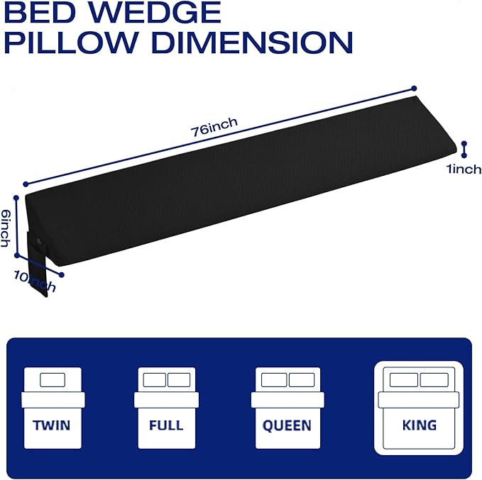 King Size Bed Wedge Pillow Gap Filler/Headboard, Long Triangle Edge Corner Pillows for Bed Gap Filler King Couch Apartment Home Essentials 10x6x76in, Dense Foam, Pockets, Prevents Things Drops Black