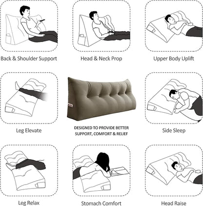 Bed Wedge Pillow for Headboard Large Bolster Pillow Reading Pillows for Sitting Up in Bed Adult, Triangular Backrest Cushion Book Pillows for Daybed Couch Support Upholstered（Camel, Queen）