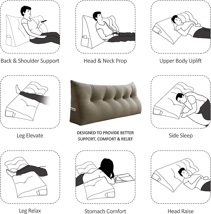 Headboard Wedge Pillow Large Bolster Reading Pillows for Sitting in Bed Adult， Velvet Triangular Cushion Backrest Lumbar Back Support Upholstered Daybed Sit Up Book Pillows（Camel, Full）