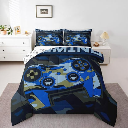 Boys Girls Gamepad Comforter Set Queen Size Teens Gamer Bedding Set Retro Blue Camouflage Video Game Controller Comforter For Kids Youth Bedroom Decor Gamer Console Action Buttons Duvet Set Microfiber