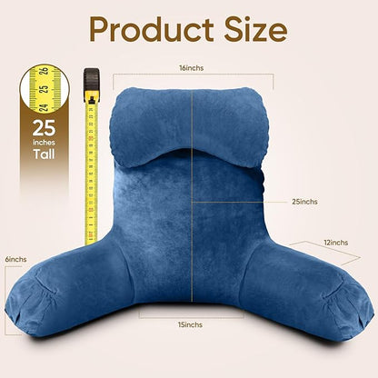 Reading Pillow for Sitting in Bed Adult, Bed Pillow with Shredded Memory Foam, 25''H Pillow with Detachable Neck Roll, Washable Cover, Sitting Up with Extend Arms, Navy