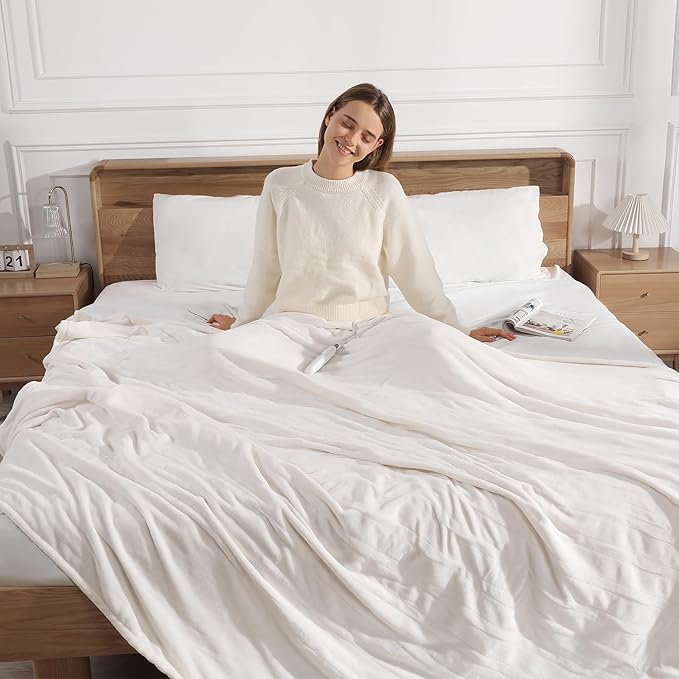 Electric Blanket Full Size Heated Blanket - Soft Silky Warm Electric Blanket with 5 Heating Level & 10 Hour Auto Off Heating Blanket, ETL Certified & Machine Washable for Grandma Gifts(Cream White)