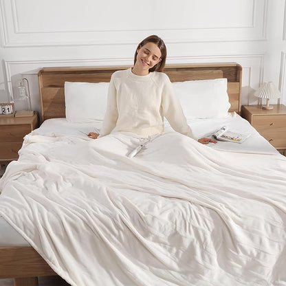 Electric Blanket Full Size Heated Blanket - Soft Silky Warm Electric Blanket with 5 Heating Level & 10 Hour Auto Off Heating Blanket, ETL Certified & Machine Washable for Grandma Gifts(Cream White)